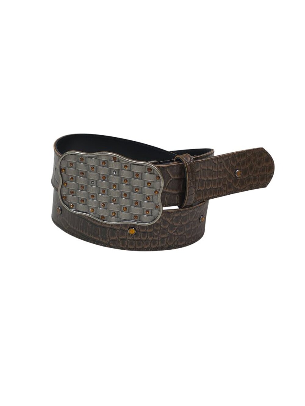 Brown Faux Croc Belt With Metal Buckle & Amber Studs Size 10 Brown with Metal